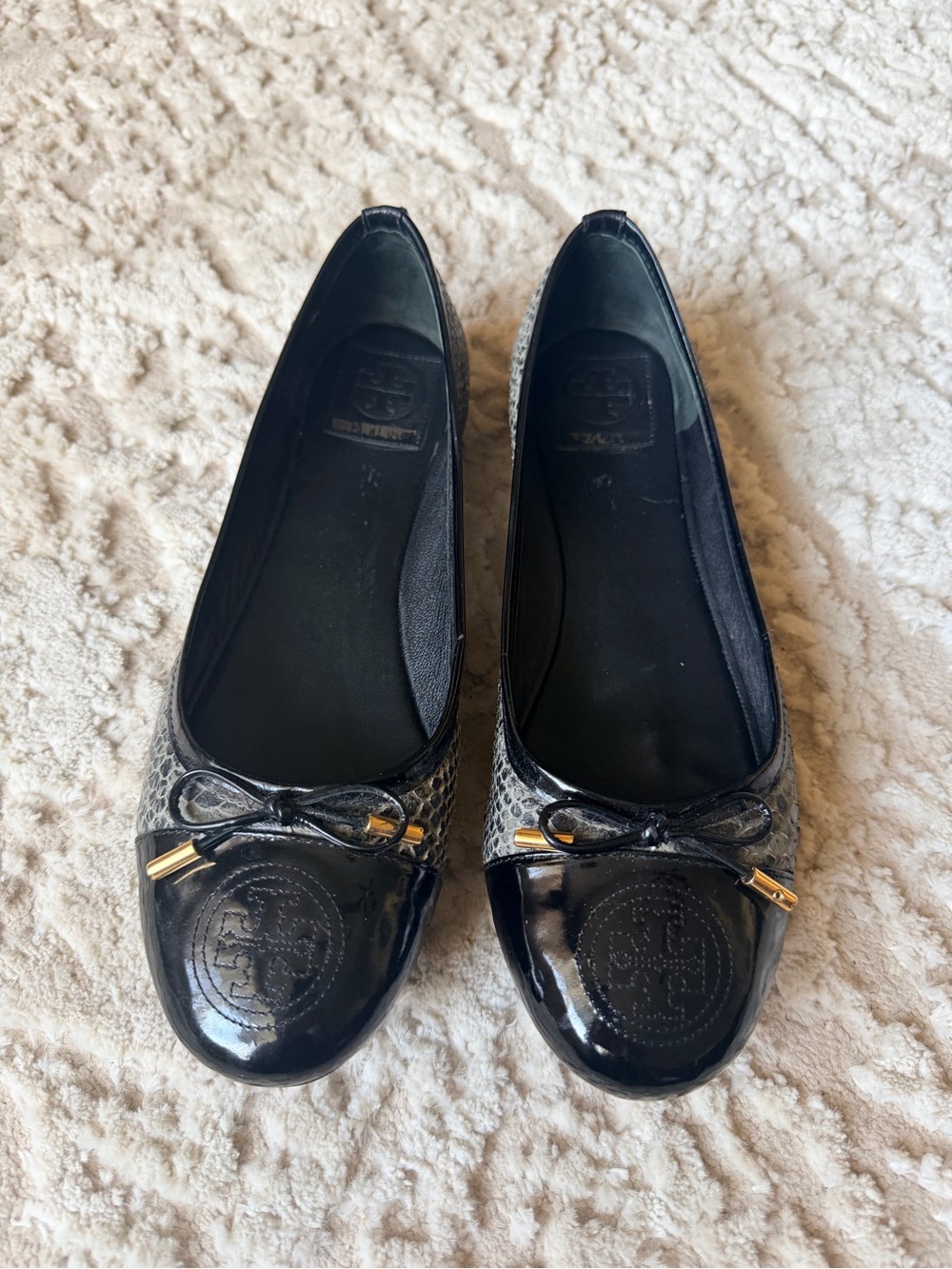 Tory Burch Black Patent & Snakeskin Logo Ballet Flats